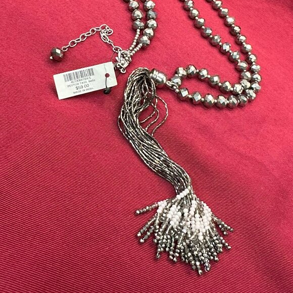 Chico’s Long 32” Pewter Beaded Tassel Necklace.  With Original Tag - Picture 1 of 16